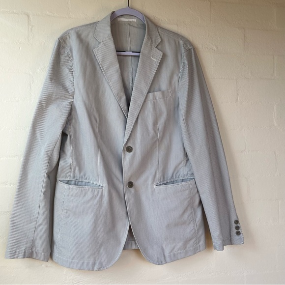 Uniqlo Blazer sz Medium Men’s Jacket Grey light stripe button Preloved Pockets - Picture 4 of 11